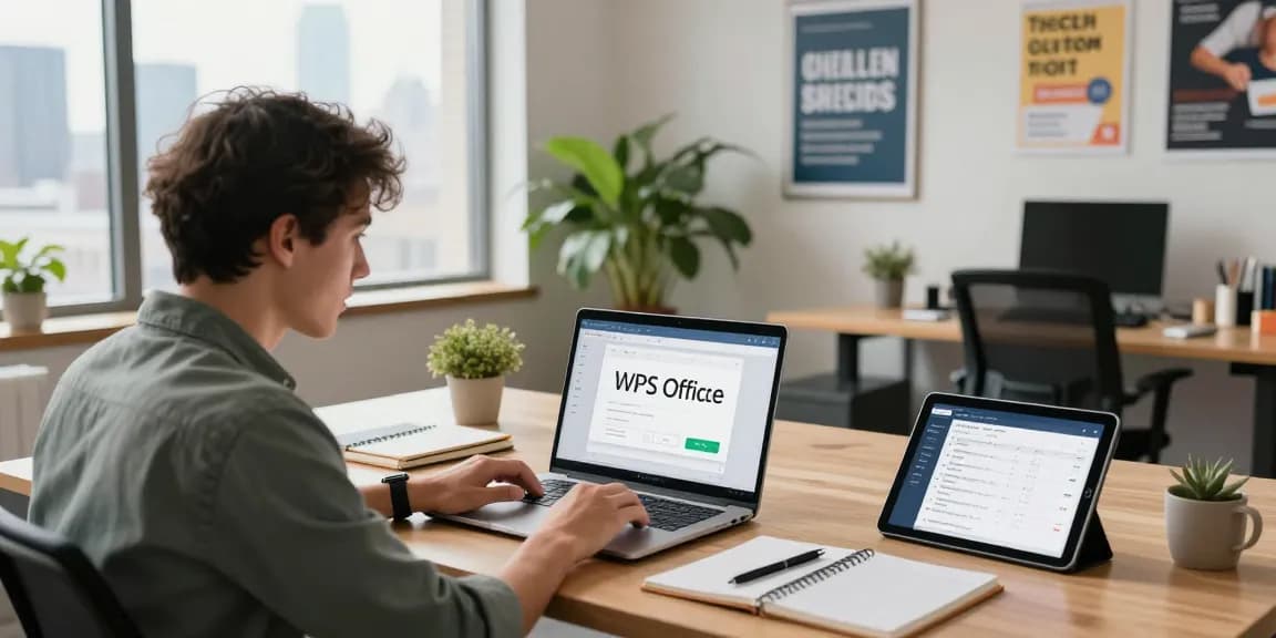 Download WPS Office on a laptop in a modern office workspace.