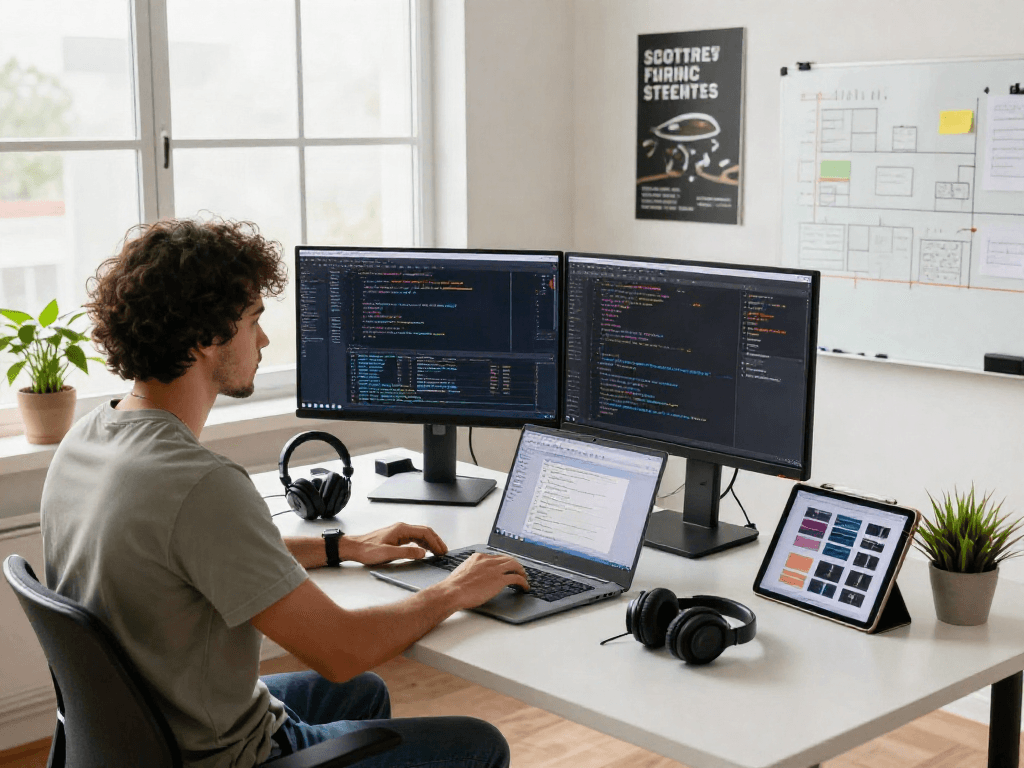 Software engineer working in modern tech workspace, showcasing crushon ia code and data visualizations.