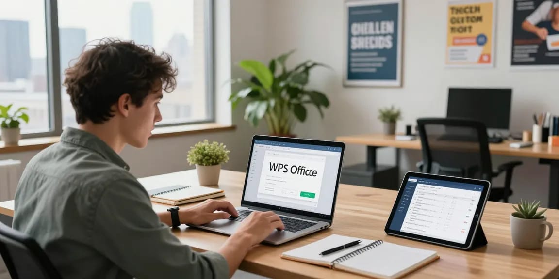 Download WPS Office on a laptop in a modern office workspace.