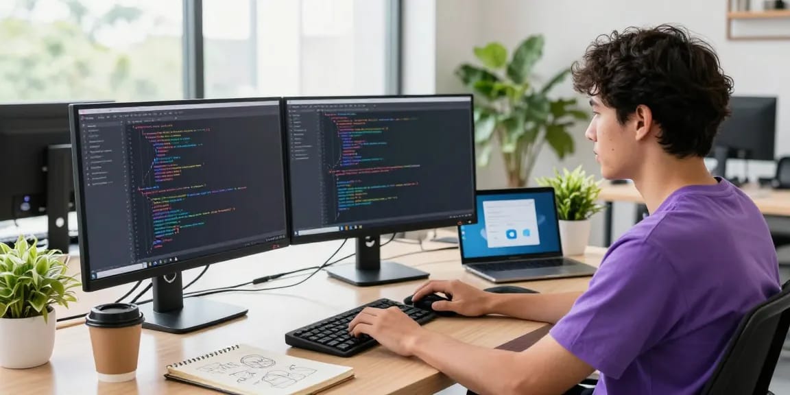 Developer focused on Telegram Download in a tech workspace with code on monitors.