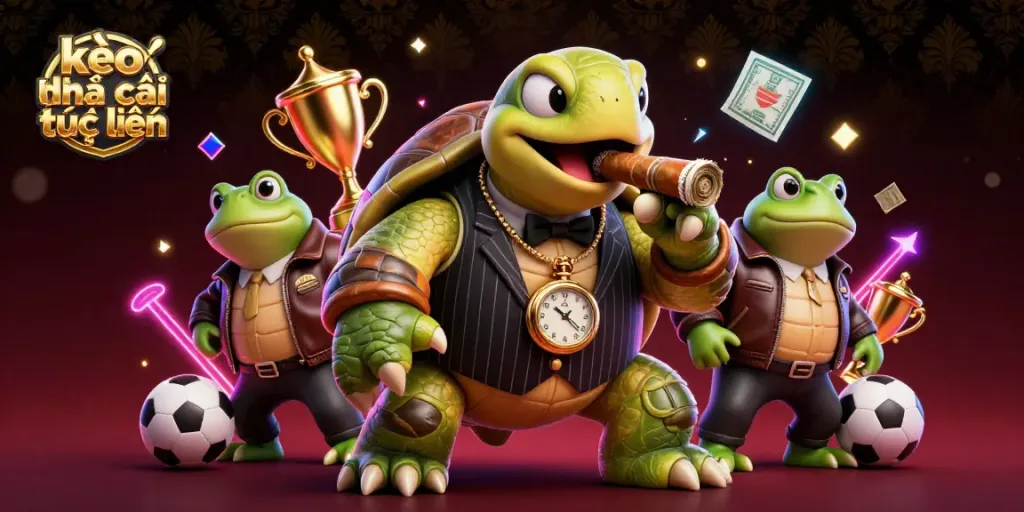 Engaging sports betting scene featuring kèo nhà cái trực tuyến with a cartoon turtle and bullfrog enforcers.