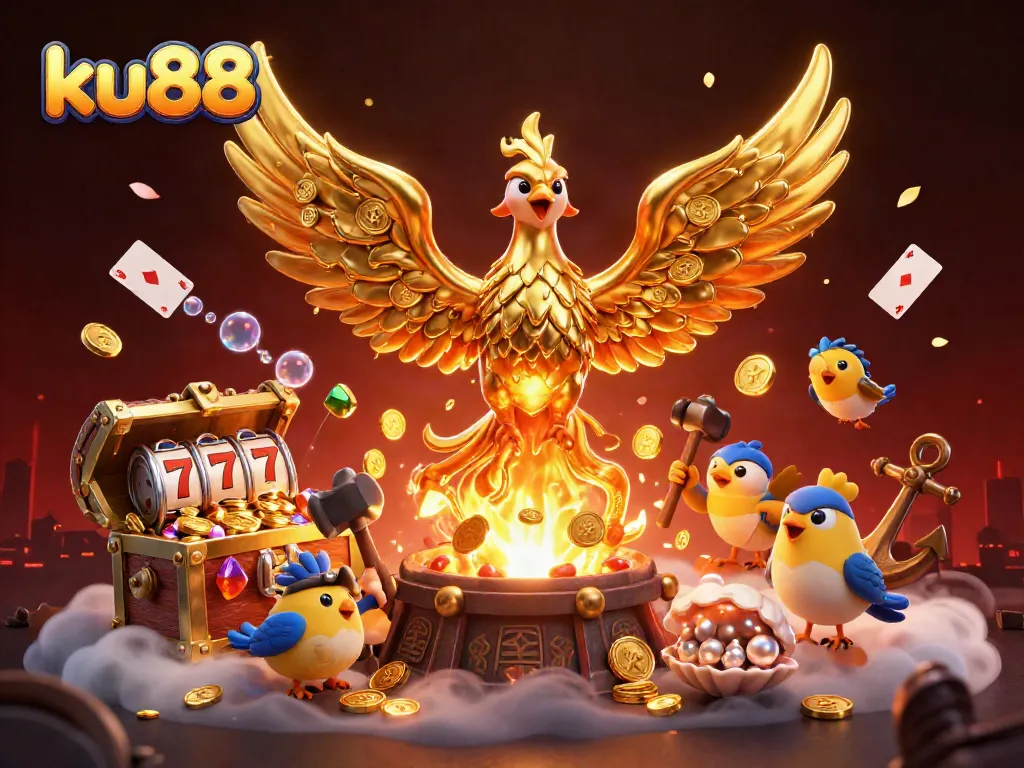 ku88 features a golden phoenix and dynamic gaming elements in a vibrant illustration.