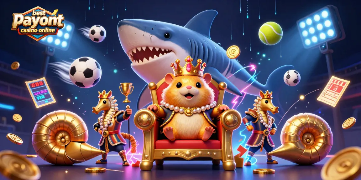 Win big at the best payout casino online with vibrant characters and sports elements surrounding a majestic throne.