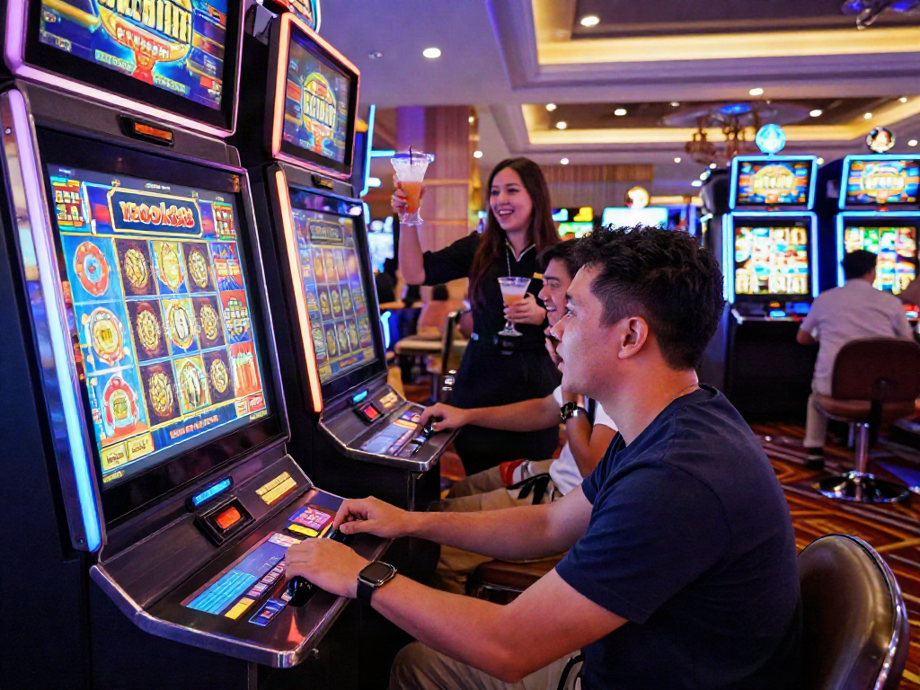 Player engaged in rokok88 slot login at a modern casino slot machine, highlighting excitement and gaming atmosphere.