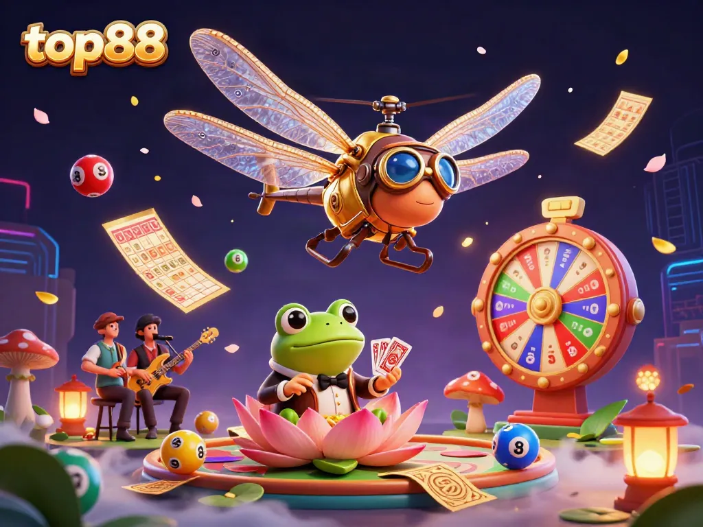 Engage in the lively casino world of top88, where a dragonfly pilot and frog croupier entertain amidst vibrant games.