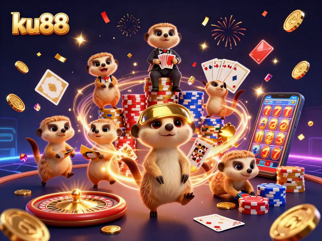 ku88 characters playfully managing a vibrant casino scene with sparkling gems and golden coins