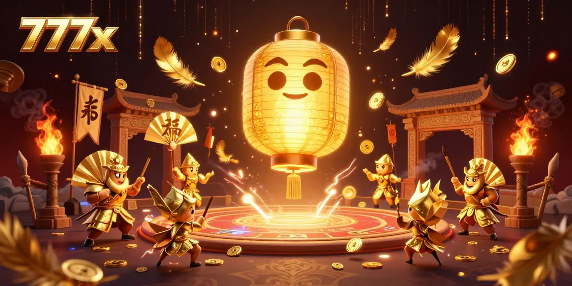 Experience luck and fortune with the vibrant 777x casino illustration showcasing golden lantern spirit and warriors.