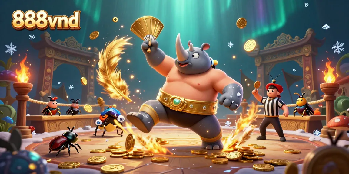 Experience exhilarating action with 888vnd as a rhinoceros beetle champion triumphantly sends coins flying in a vibrant casino scene.
