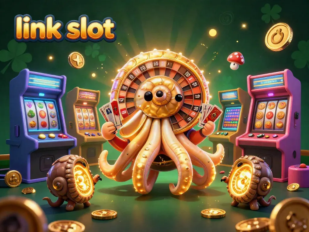 Experience thrilling wins at link slot with a vibrant 3D casino illustration showcasing dazzling slot machines and dynamic gaming elements.