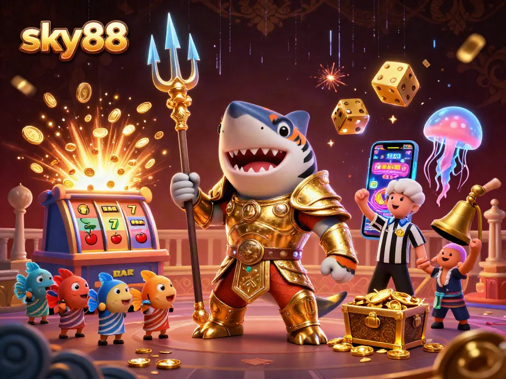 Engage in thrilling slots and betting excitement at sky88 with vibrant casino graphics and joyful characters.
