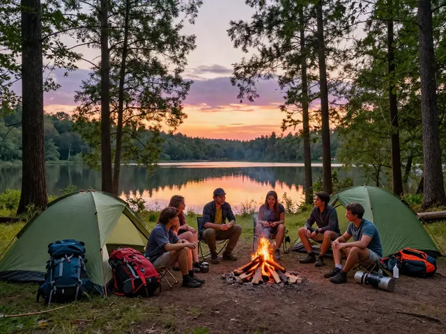 Group of campers enjoying the outdoor gear from rokok88 while setting up tents at sunset.