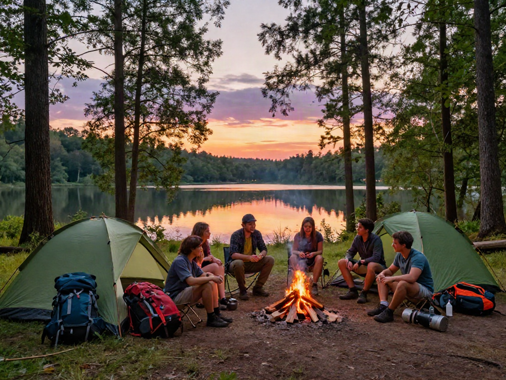 Group of campers enjoying the outdoor gear from rokok88 while setting up tents at sunset.