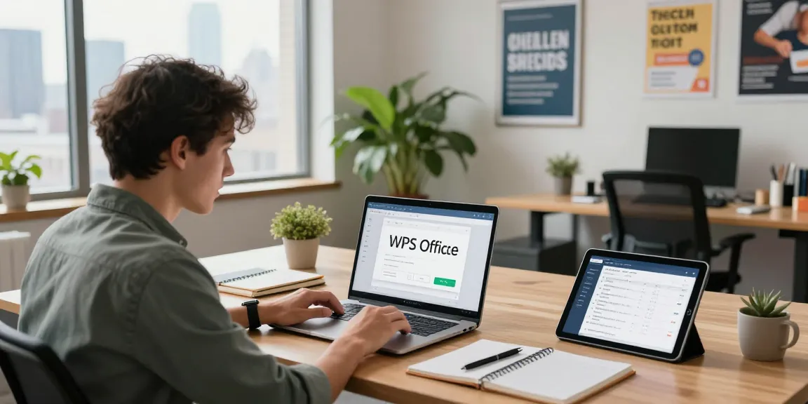 Download WPS Office on a laptop in a modern office workspace.