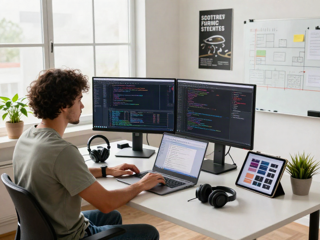 Software engineer working in modern tech workspace, showcasing crushon ia code and data visualizations.