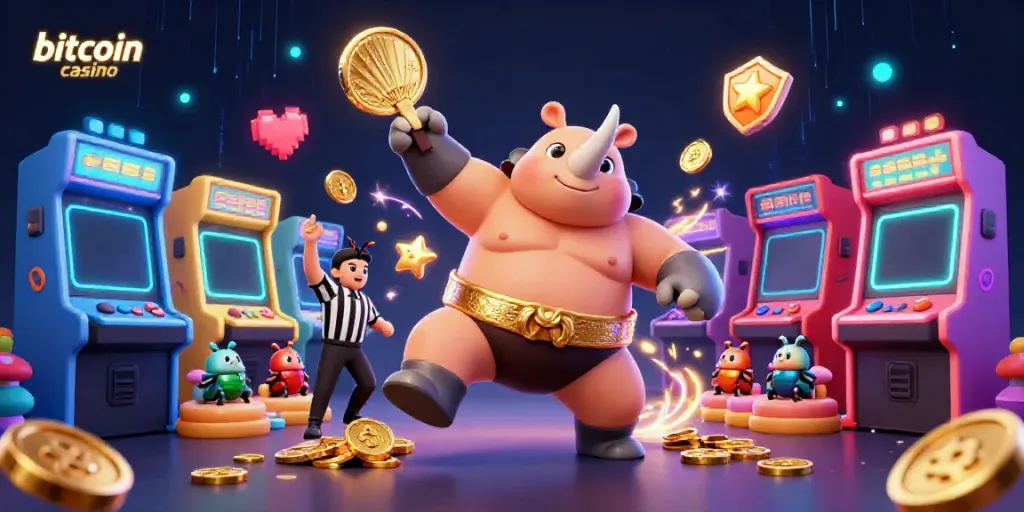 Experience dynamic action in a bitcoin casino with vivid characters and captivating elements.