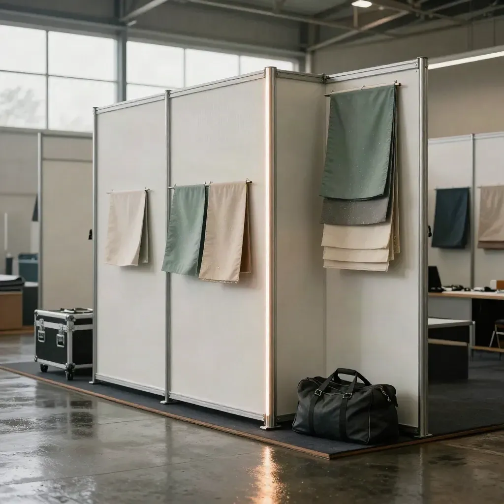 Misty fair hall with a half-built stand, flight case, carpet roll, swatches and travel tote.