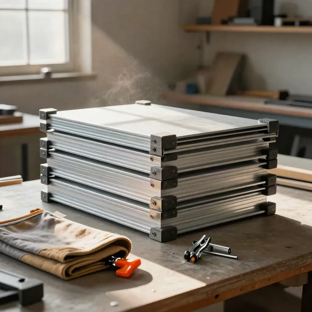 Booth build parts stacked on a workbench in warm workshop light.