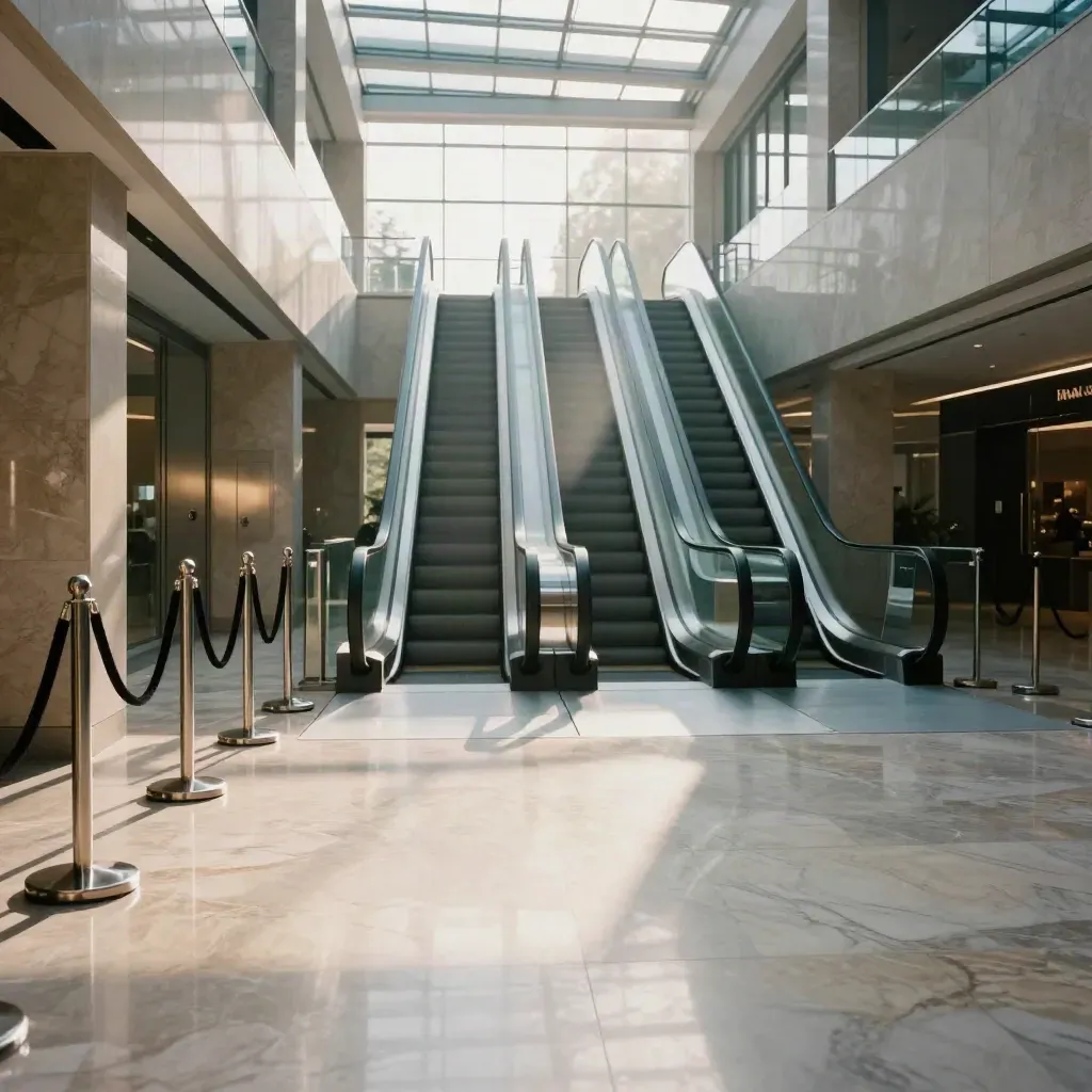 Morning venue lobby with marble floor, escalators, and empty stanchions in soft sunbeams.