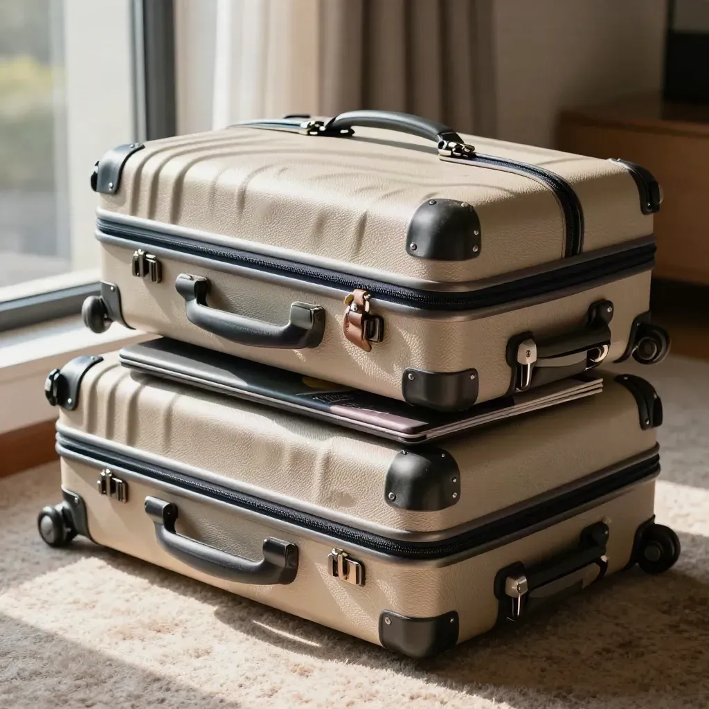 Packed carry-ons and a rail case by a hotel window, ready for a cross-border departure.