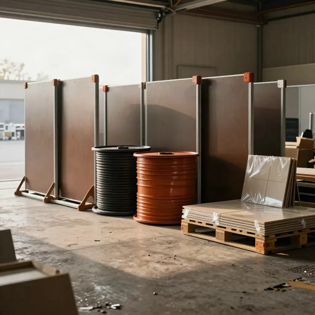 Loading bay with modular wall panels, cable drums, corner caps and floor tiles before setup.