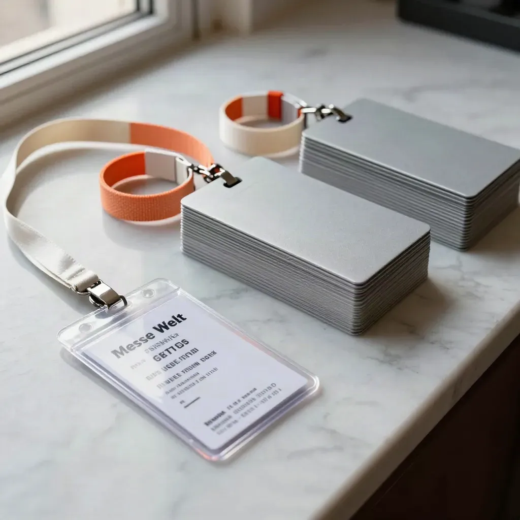 Top-down stacks of badge holders, wristbands, and ticket passes on cool marble.
