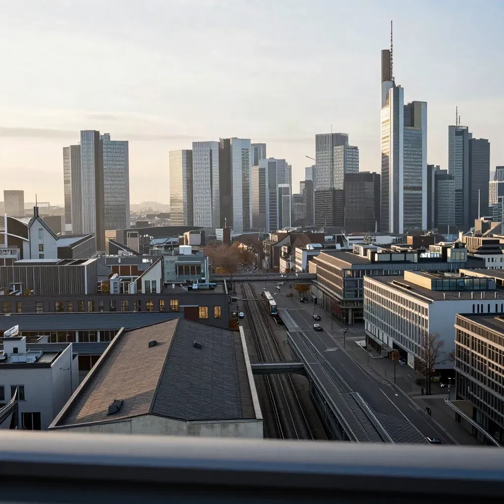 Frankfurt Messe rooftops, tram lines, and hotel towers in bright morning haze