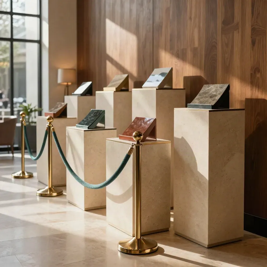 Warm lobby sponsor plinths with velvet ropes and teal accents in late-afternoon light.