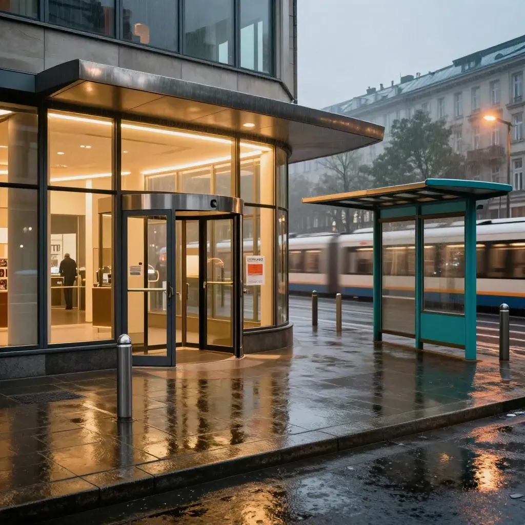 Berlin exhibition entrance with tram stop and rain-slicked pavement at dusk