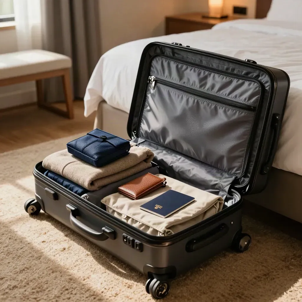 Open packed suitcase beside a hotel bed with travel essentials neatly arranged in warm daylight.