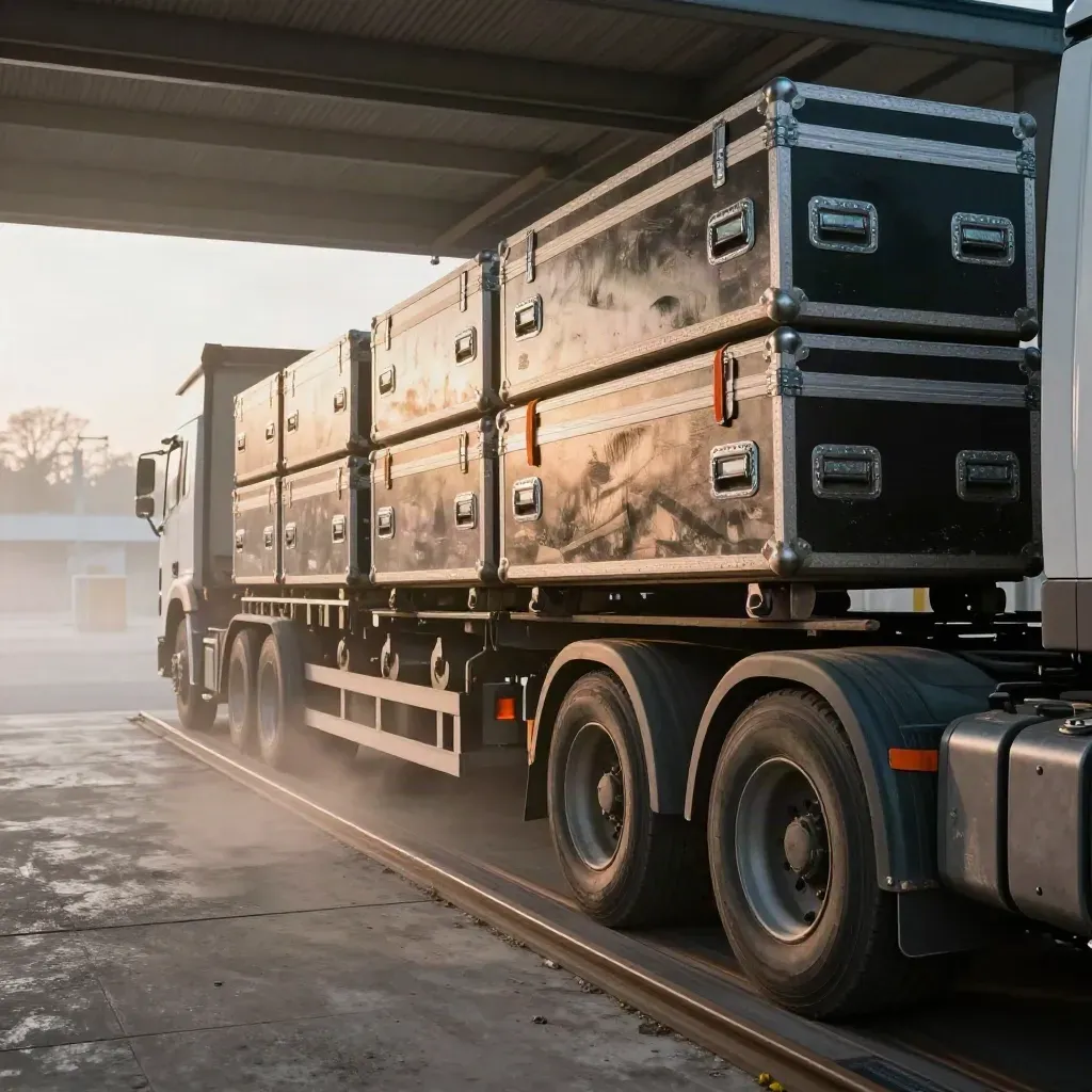 Freight truck and flight cases at a misty Frankfurt loading dock at dawn