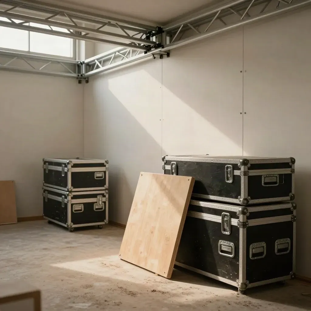 Half-built Milan exhibition stand with white panels, silver truss and stacked cases in warm dust.