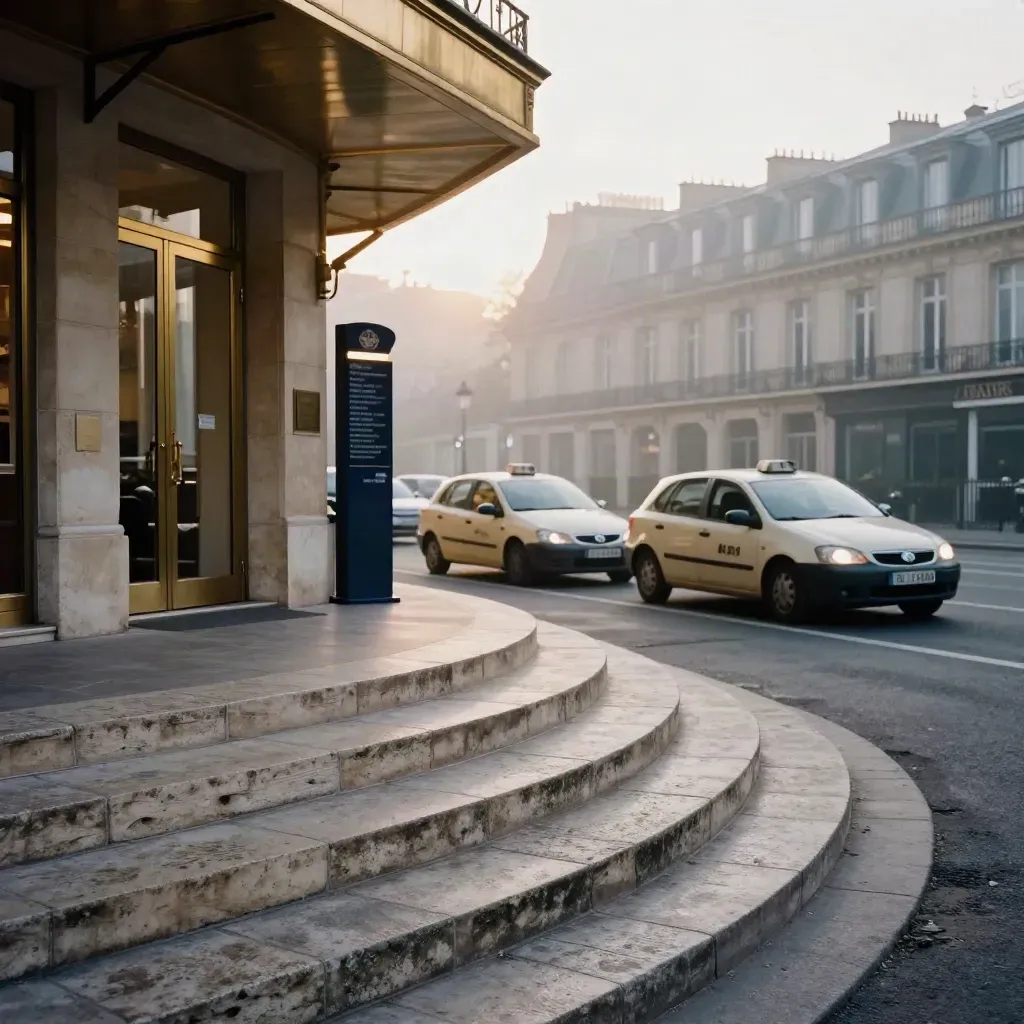 Paris venue steps, taxis at the curb, and a hotel corner in cool morning light.