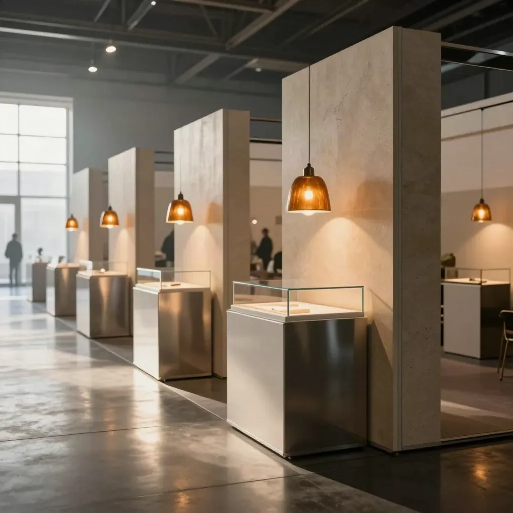Glowing sponsor booths in a hazy Cologne exhibition hall with amber pendant lights and polished plinths