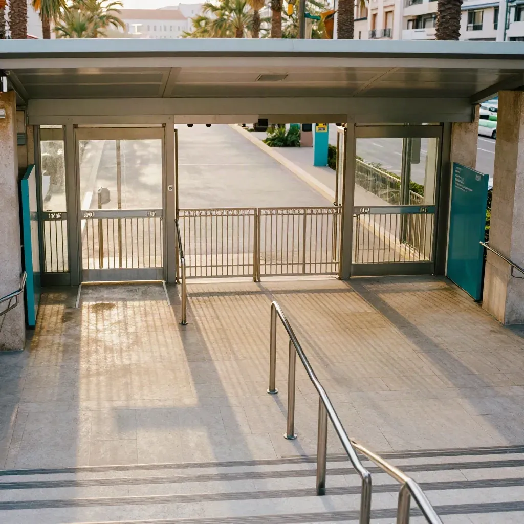 Barcelona fair entrance with gate lanes, transit rails, and palm shadows from a stair landing.