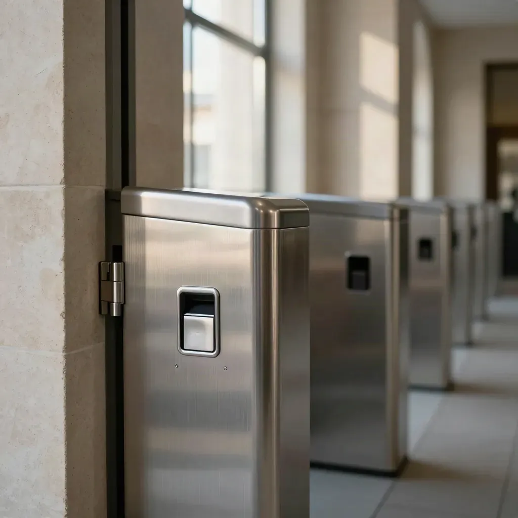 Extreme macro of a silver ticket gate, kiosk edge, and pale stone foyer in soft window light.