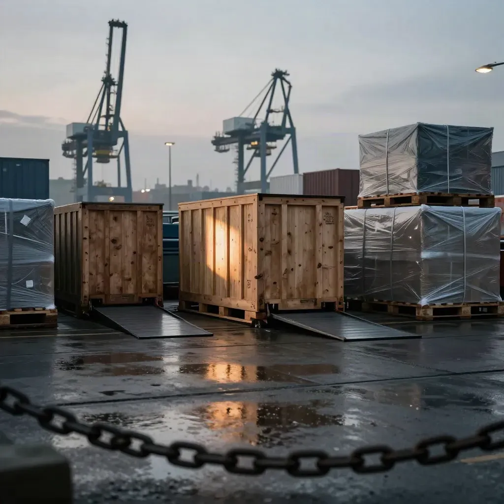 Hamburg port logistics yard with wet crates, loading ramps, and a crane silhouette in salt mist.