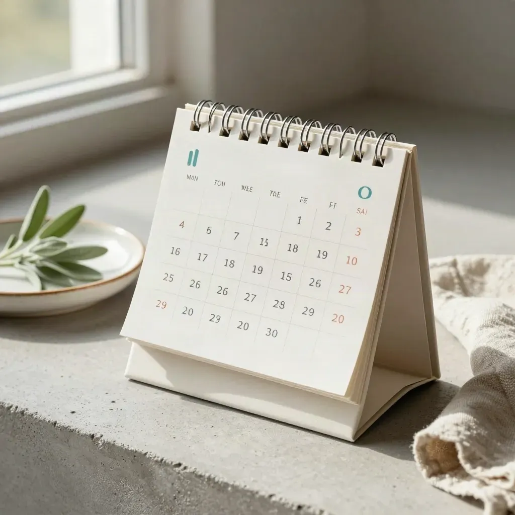 Top-down calendar flatlay with plant, dish, and linen on concrete.