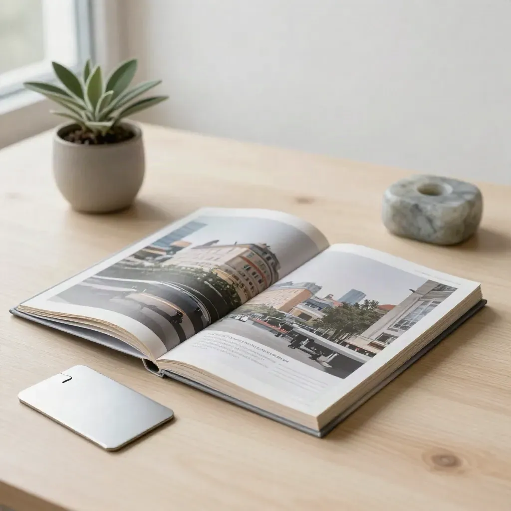 Open venue guide booklet with plant, key-card sleeve, and stone paperweight on pale wood.