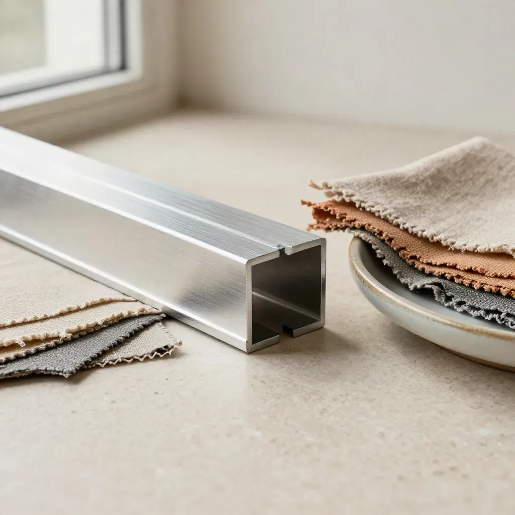 Aluminum stand design samples with fabric swatches and a ceramic tray on a plaster surface.
