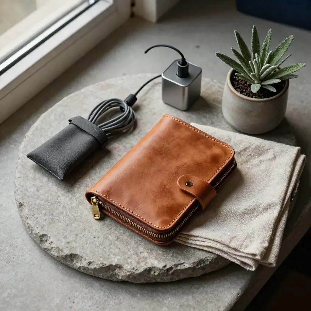 Travel wallet, charger, cable pouch, cloth, and plant arranged in a stone tray.
