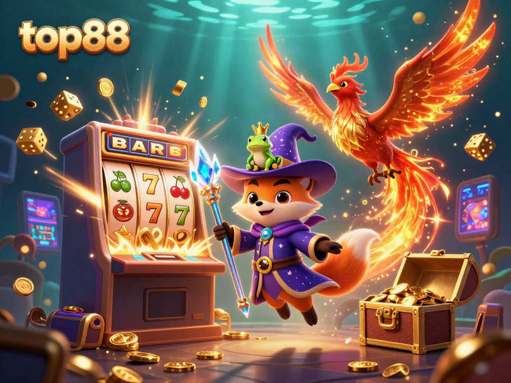 Experience top88's magical gaming adventure with a wizard fox, phoenix, and vibrant slot machines.