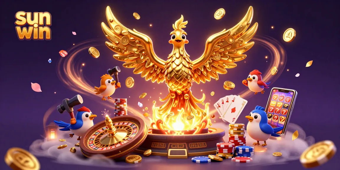 Experience the thrills of sun win as a golden phoenix emerges, surrounded by cascading treasure and vibrant casino elements.