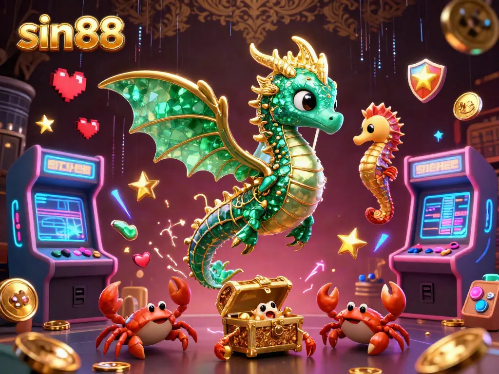 Experience the thrill of sin88 with a dazzling 3D illustration of a sea dragon, arcade games, and vibrant casino elements.