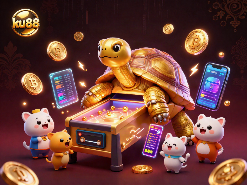 Enjoy thrilling games at ku88 with a colossal golden tortoise, Bitcoin coins, and exciting casino elements.