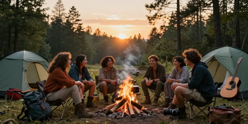 Group enjoying a campfire, showcasing rokok88 slot adventure gear amidst a forest setting.